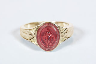 14kt Gold Miraculous Medal Ring with Pink Epoxy Accent