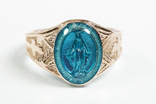 14kt Gold Miraculous Medal Ring with Blue Epoxy Accent
