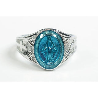 Miraculous Medal Ring - Sterling Silver and Blue Epoxy