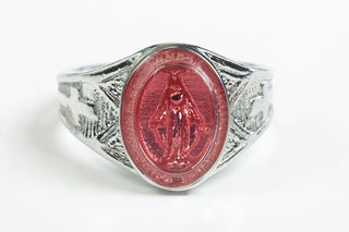 Sterling Silver Miraculous Medal Ring with Pink Epoxy Accent