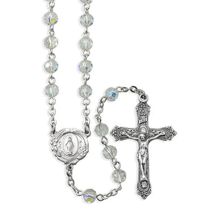 6MM Crystal Aurora Borealis Bead Rosary with Deluxe Center and Crucufix