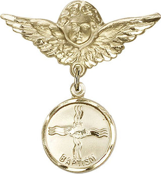 14kt Gold Large Angel w/Wings Baptism Baby Badge - Engravable