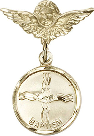 14kt Gold Small Angel w/Wings Baptism Baby Badge - Engravable