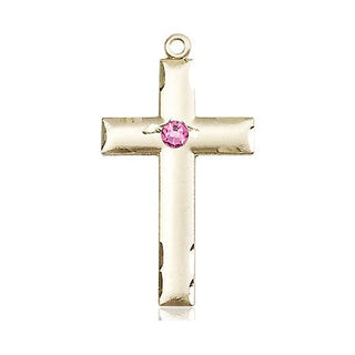 14kt Gold Filled Cross Pendant with a 3mm Rose Swarovski stone on an 18-inch Gold Filled Light Curb Chain