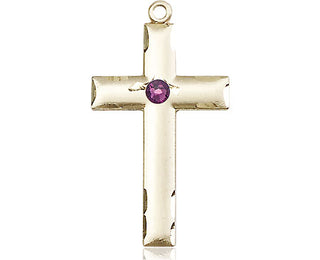 14kt Gold Filled Cross Pendant with a 3mm Amethyst Swarovski stone on an 18-inch Gold Filled Light Curb Chain