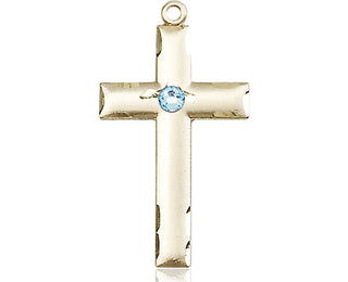 14kt Gold Filled Cross Pendant with a 3mm Aqua Swarovski stone on an 18-inch Gold Filled Light Curb Chain