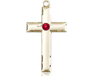 14kt Gold Filled Cross Pendant with a 3mm Ruby Swarovski stone on an 18-inch Gold Filled Light Curb Chain