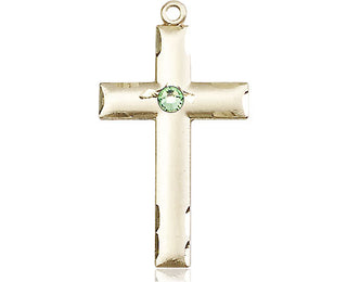 14kt Gold Filled Cross Pendant with a 3mm Peridot Swarovski stone on an 18-inch Gold Filled Light Curb Chain