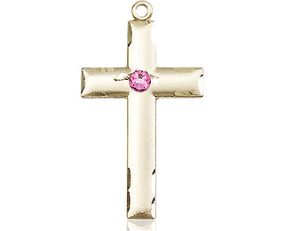 14kt Gold Cross Medal with a 3mm Rose Swarovski stone