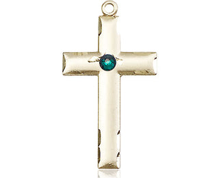 14kt Gold Cross Medal with a 3mm Emerald Swarovski stone