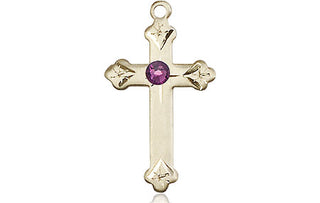 14kt Gold Filled Cross Pendant with a 3mm Amethyst Swarovski stone on an 18-inch Gold Filled Light Curb Chain