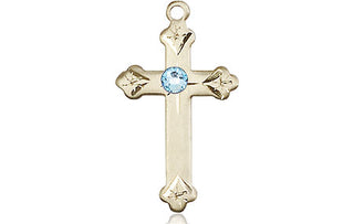14kt Gold Filled Cross Pendant with a 3mm Aqua Swarovski stone on an 18-inch Gold Filled Light Curb Chain