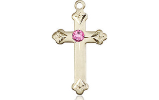 14kt Gold Cross Medal with a 3mm Rose Swarovski stone