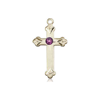 14kt Gold Cross Medal with a 3mm Amethyst Swarovski stone
