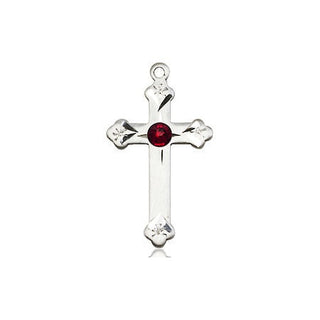 Sterling Silver Cross Pendant with a 3mm Garnet Swarovski stone on an 18-inch Sterling Silver Light Curb Chain
