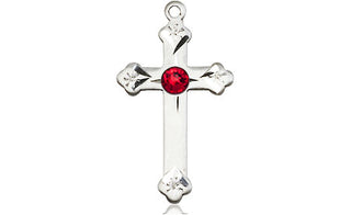 Sterling Silver Cross Pendant with a 3mm Ruby Swarovski stone on an 18-inch Sterling Silver Light Curb Chain