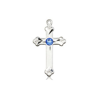 Sterling Silver Cross Pendant with a 3mm Sapphire Swarovski stone on an 18-inch Sterling Silver Light Curb Chain