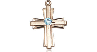 14kt Gold Filled Cross Pendant with a 3mm Aqua Swarovski stone on an 18-inch Gold Filled Light Curb Chain