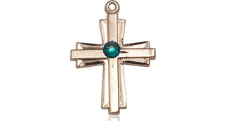 14kt Gold Filled Cross Pendant with a 3mm Emerald Swarovski stone on an 18-inch Gold Filled Light Curb Chain
