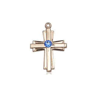 14kt Gold Filled Cross Pendant with a 3mm Sapphire Swarovski stone on an 18-inch Gold Filled Light Curb Chain