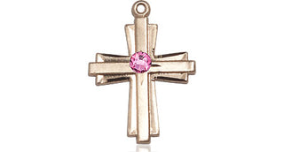 14kt Gold Cross Medal with a 3mm Rose Swarovski stone