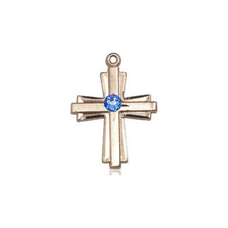 14kt Gold Cross Medal with a 3mm Sapphire Swarovski stone