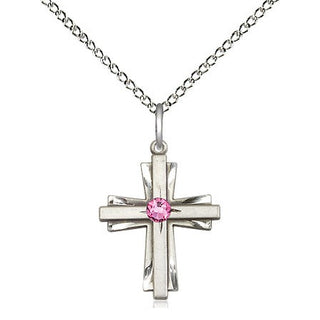 Sterling Silver Cross Pendant with 3mm Rose Swarovski stone Necklace