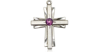 Sterling Silver Cross Pendant with a 3mm Amethyst Swarovski stone on an 18-inch Sterling Silver Light Curb Chain