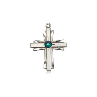 Sterling Silver Cross Pendant with a 3mm Emerald Swarovski stone on an 18-inch Sterling Silver Light Curb Chain