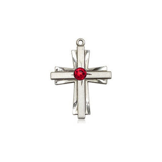 Sterling Silver Cross Pendant with a 3mm Ruby Swarovski stone on an 18-inch Sterling Silver Light Curb Chain