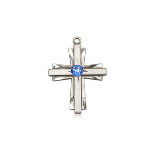 Sterling Silver Cross Pendant with a 3mm Sapphire Swarovski stone on an 18-inch Sterling Silver Light Curb Chain