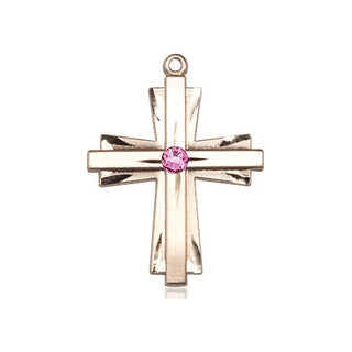 14kt Gold Cross Medal with a 3mm Rose Swarovski stone