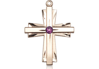14kt Gold Cross Medal with a 3mm Amethyst Swarovski stone