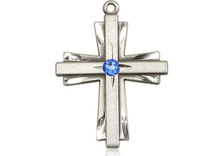 Sterling Silver Cross Pendant with a 3mm Sapphire Swarovski stone on an 18-inch Sterling Silver Light Curb Chain