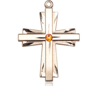 14kt Gold Filled Cross Pendant with a 3mm Topaz Swarovski stone on an 24-inch Gold Plate Heavy Curb Chain