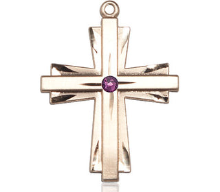 14kt Gold Filled Cross Pendant with a 3mm Amethyst Swarovski stone on an 24-inch Gold Plate Heavy Curb Chain