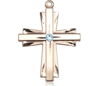 14kt Gold Filled Cross Pendant with a 3mm Aqua Swarovski stone on an 24-inch Gold Plate Heavy Curb Chain