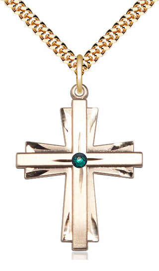 14kt Gold Filled Cross Pendant with 3mm Emerald Swarovski Necklace