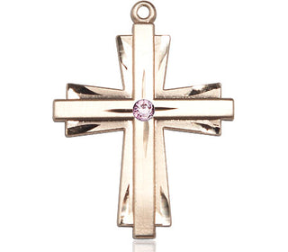 14kt Gold Filled Cross Pendant with a 3mm Light Amethyst Swarovski stone on an 24-inch Gold Plate Heavy Curb Chain