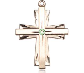 14kt Gold Filled Cross Pendant with a 3mm Peridot Swarovski stone on an 24-inch Gold Plate Heavy Curb Chain