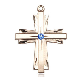 14kt Gold Filled Cross Pendant with a 3mm Sapphire Swarovski stone on an 24-inch Gold Plate Heavy Curb Chain
