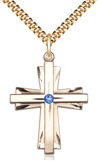 14kt Gold Filled Cross Pendant with 3mm Sapphire Swarovski Necklace