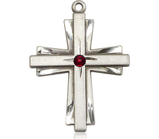 Sterling Silver Cross Pendant with a 3mm Garnet Swarovski stone on an 24-inch Light Rhodium Heavy Curb Chain