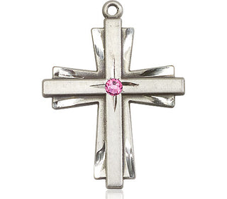 Sterling Silver Cross Pendant with a 3mm Rose Swarovski stone on an 24-inch Light Rhodium Heavy Curb Chain