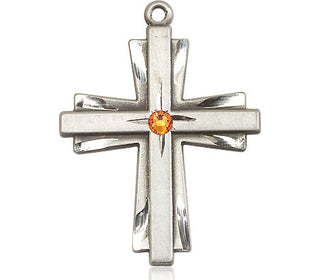 Sterling Silver Cross Pendant with a 3mm Topaz Swarovski stone on an 24-inch Light Rhodium Heavy Curb Chain