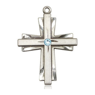 Sterling Silver Cross Pendant with a 3mm Aqua Swarovski stone on an 24-inch Light Rhodium Heavy Curb Chain