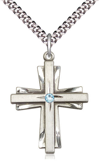 Sterling Silver Cross Pendant with 3mm Aqua Swarovski Necklace