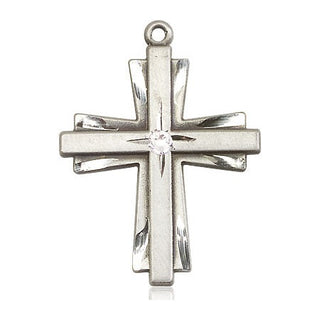 Sterling Silver Cross Pendant with a 3mm Crystal Swarovski stone on an 24-inch Light Rhodium Heavy Curb Chain