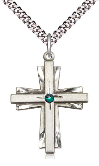 Sterling Silver Cross Pendant with 3mm Emerald Swarovski Necklace