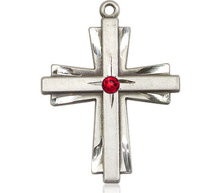 Sterling Silver Cross Pendant with a 3mm Ruby Swarovski stone on an 24-inch Light Rhodium Heavy Curb Chain